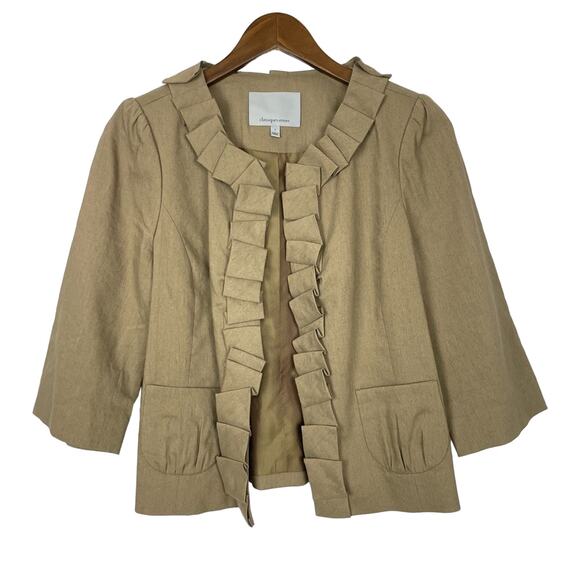 Classiques Entier | Brown Linen Blend Pleated Ruffle Trim Classy Office Jacket - Picture 5 of 10
